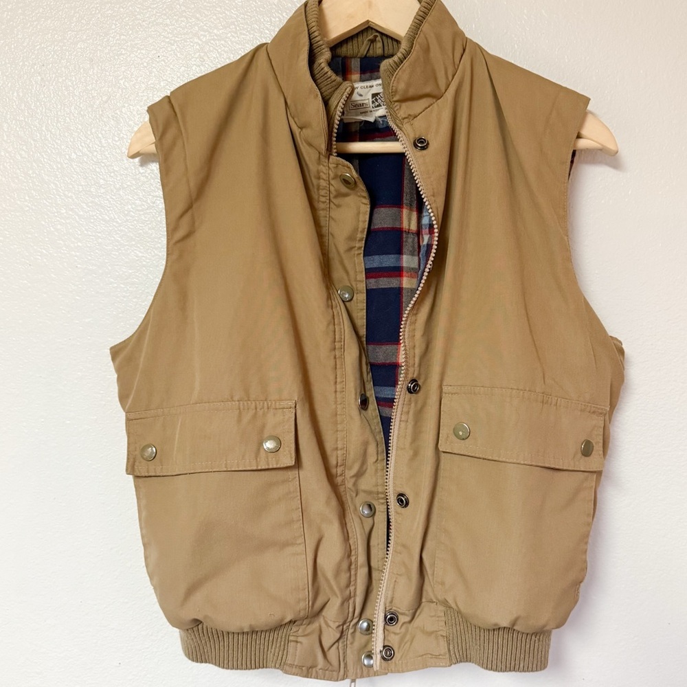 Vintage Sears Tan Workwear Utility Vest Plaid Lined | Men’s Medium